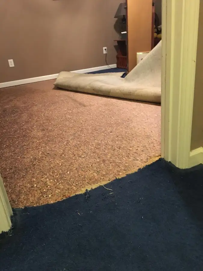 Carpet pad removal revealing water damage during Water Mitigation Services in Chattanooga